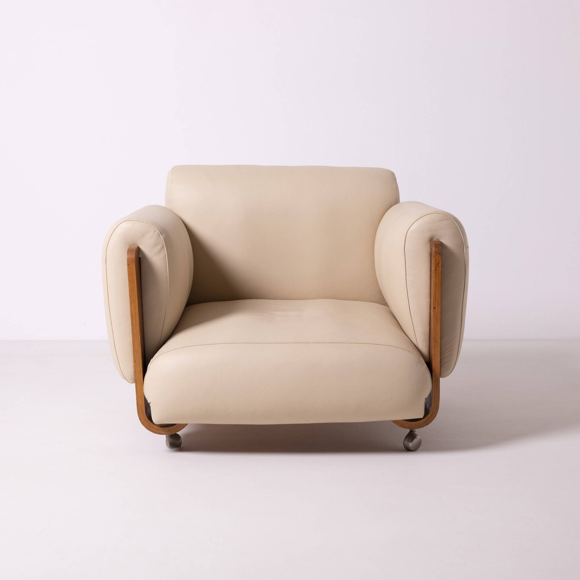 1970s brutalist lounge chair by Jan Bocan, Czechoslovakia, cream leather an