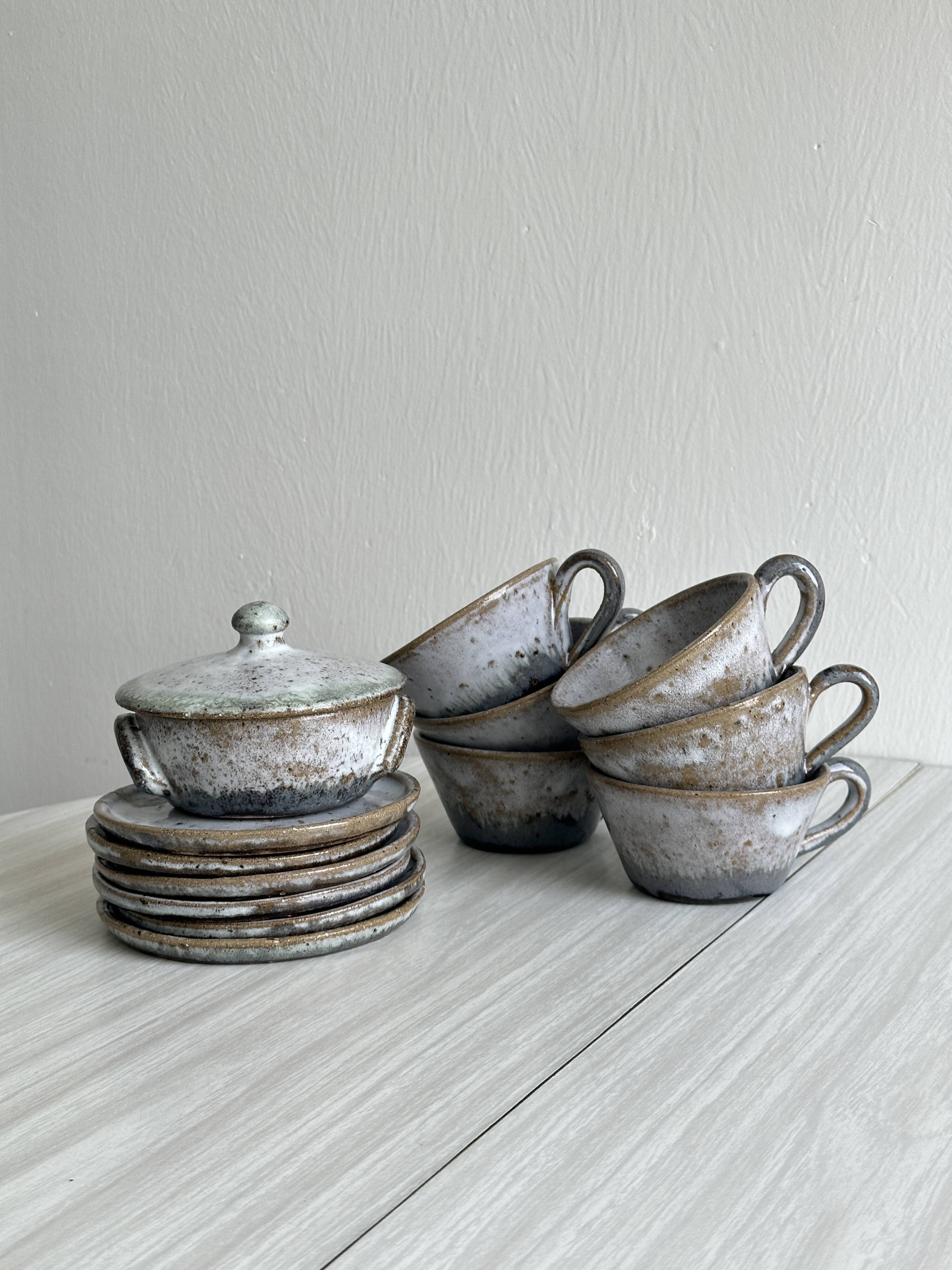 Handmade stoneware coffee set, 6 cups, saucers and sugar bowl, natural tones