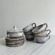 Handmade stoneware coffee set, 6 cups, saucers and sugar bowl, natural tones