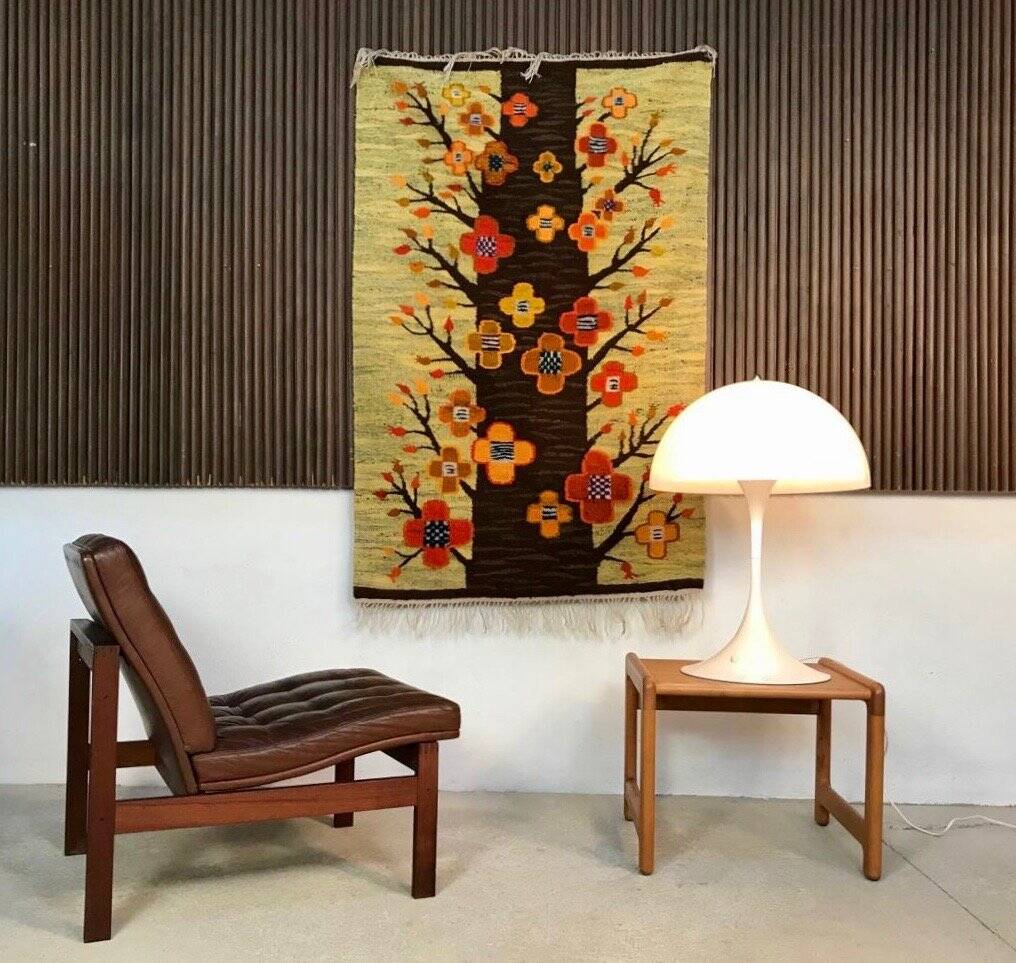 Polish kilim or wall rug with tree and blossoms motif from Cepelia, 1960s