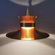 Large hanging lamp, made of brass-coloured aluminium with red and white contrast lacquer inside.