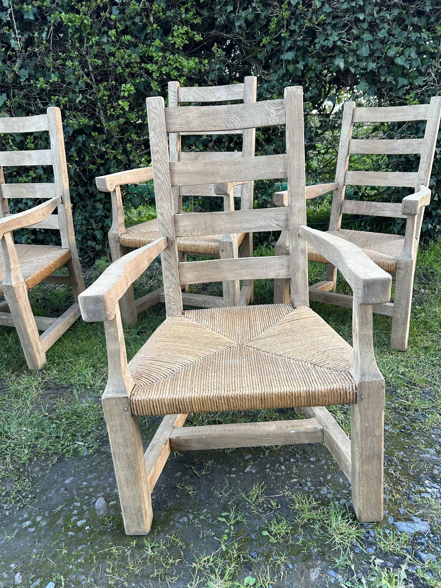 6 solid oak chairs - straw seats