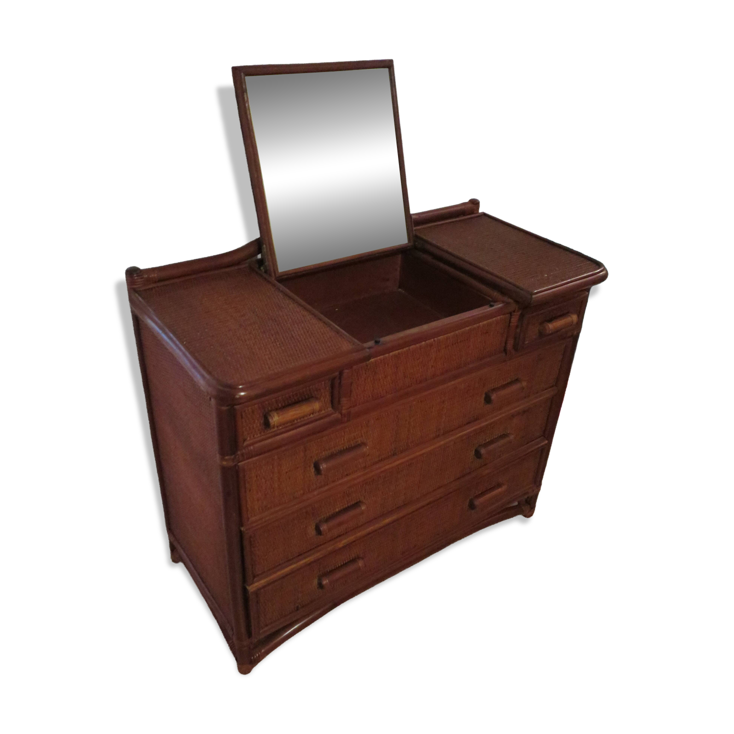 Vintage dressing table/chest - woven rattan - 5 drawers - mirror - 1960s/70s