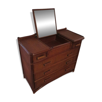 Vintage dressing table/chest - woven rattan - 5 drawers - mirror - 1960s/70s