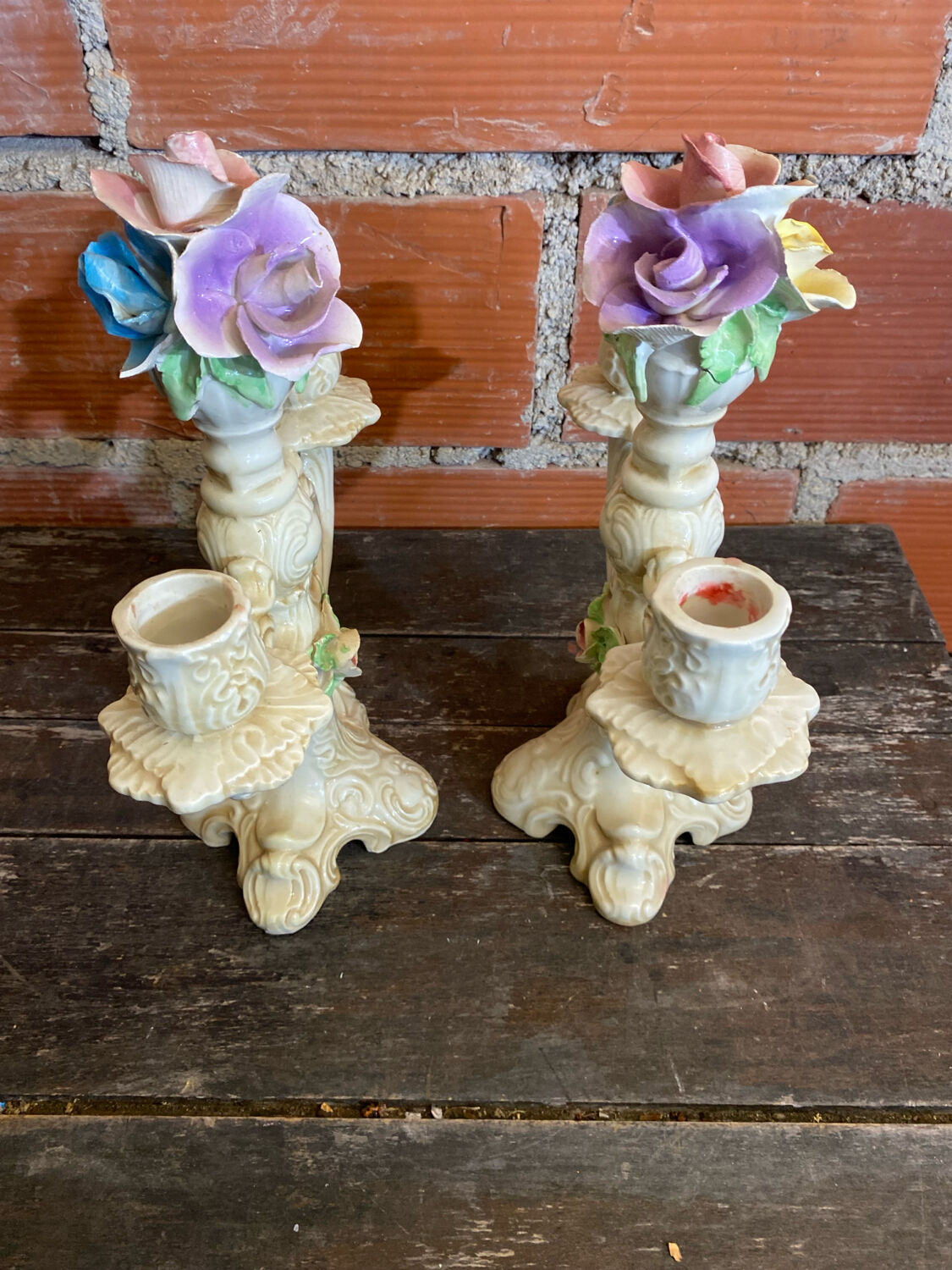Pair of Double Candelabra Candle Holders CAPODIMONTE Polychrome Ceramic