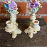 Pair of Double Candelabra Candle Holders CAPODIMONTE Polychrome Ceramic