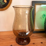 Vase en verre bullé marron fumé – forme tulipe évasée – vintage ann