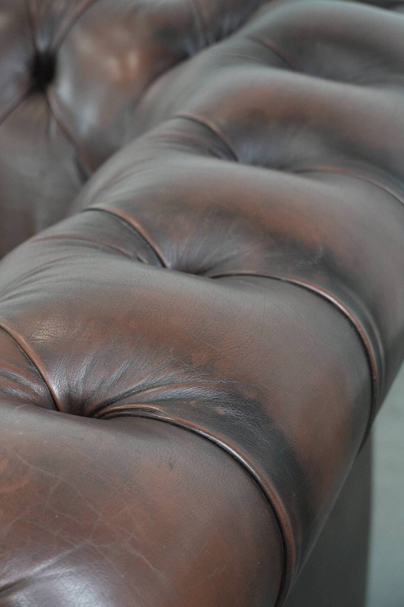 Dark brown cow leather vintage 2-seater Chesterfield sofa in English style