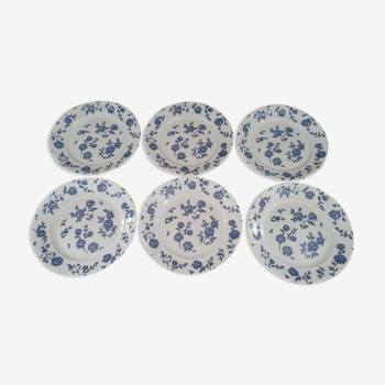 Lot de 6 assiettes à dessert en faïence décor roses anciennes bleues