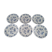 Lot de 6 assiettes à dessert en faïence décor roses anciennes bleues