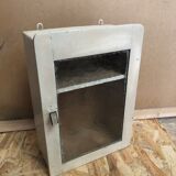 Old hanging medicine cabinet wood + opaque glass door 50's vintage