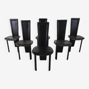 Vintage black leather dining chairs, set of 6, 1980s