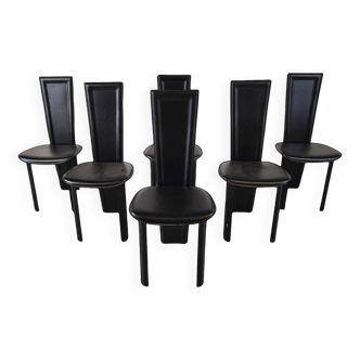 Vintage black leather dining chairs, set of 6, 1980s