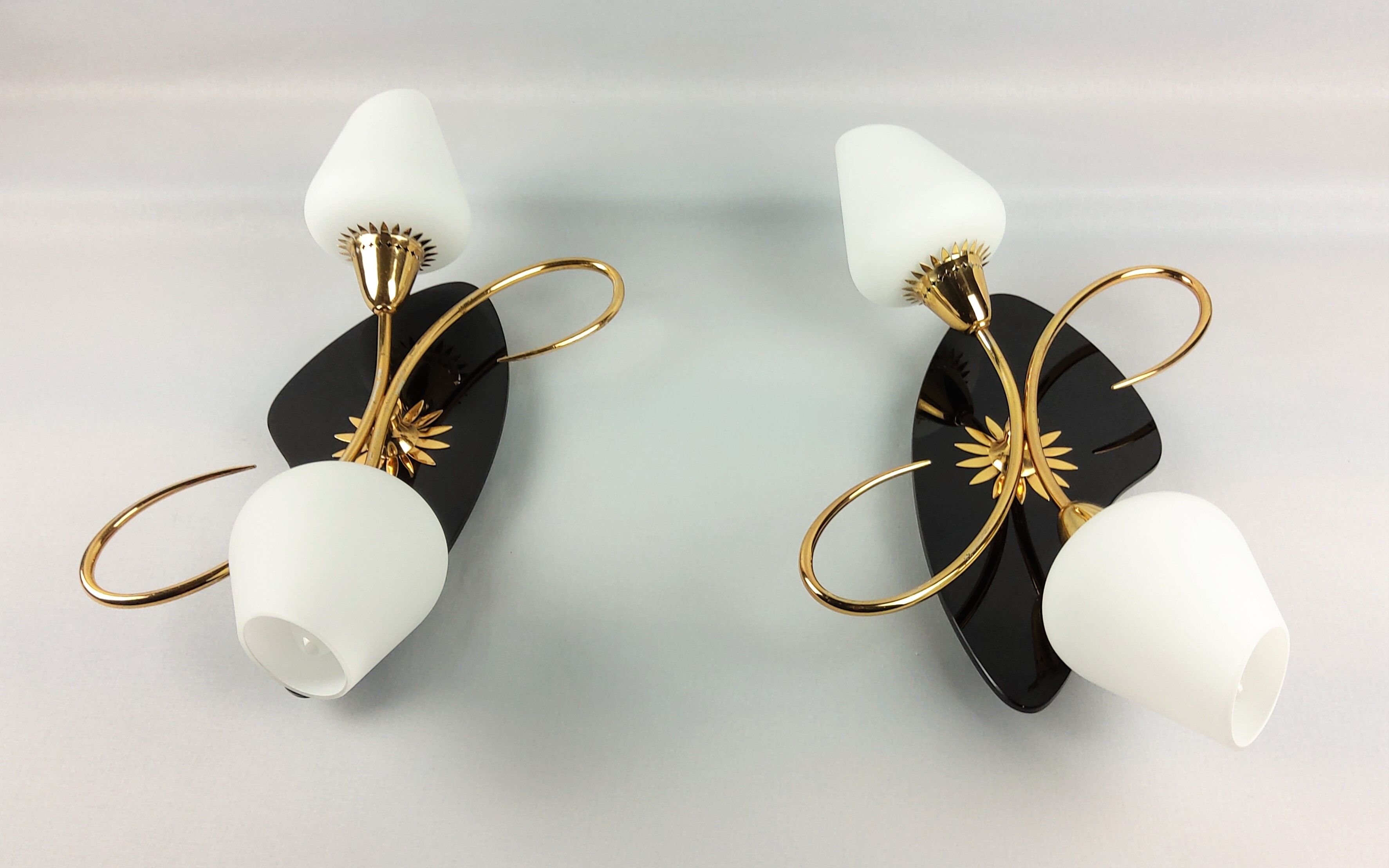 Arlus black and brass opaline sconces 1960