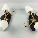 Arlus black and brass opaline sconces 1960