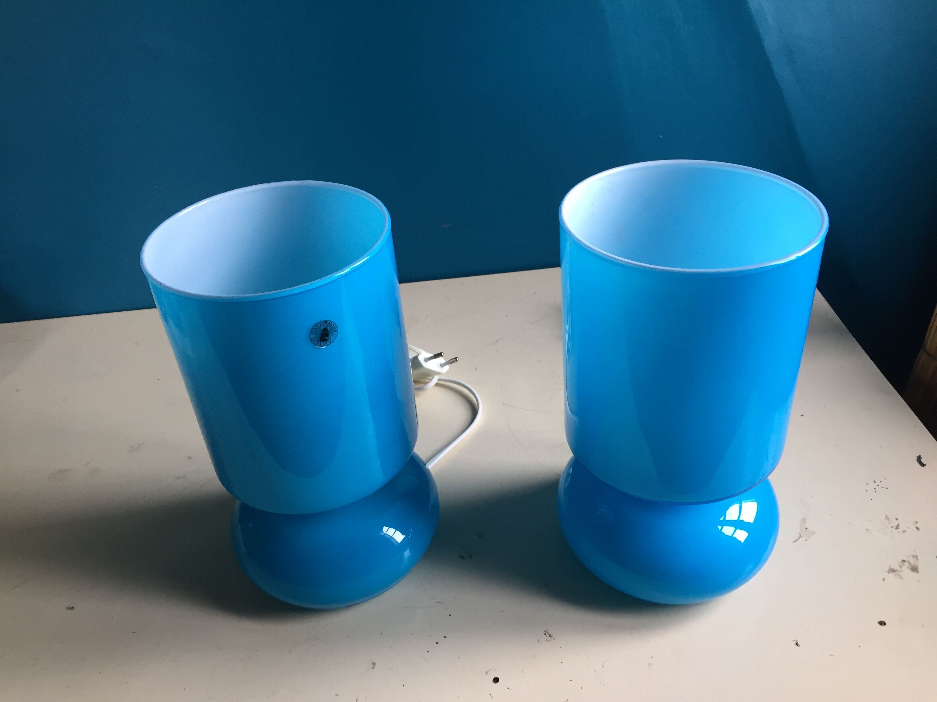 Two handmade IKEA 1980 blue glass candy lamps