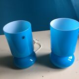 Two handmade IKEA 1980 blue glass candy lamps