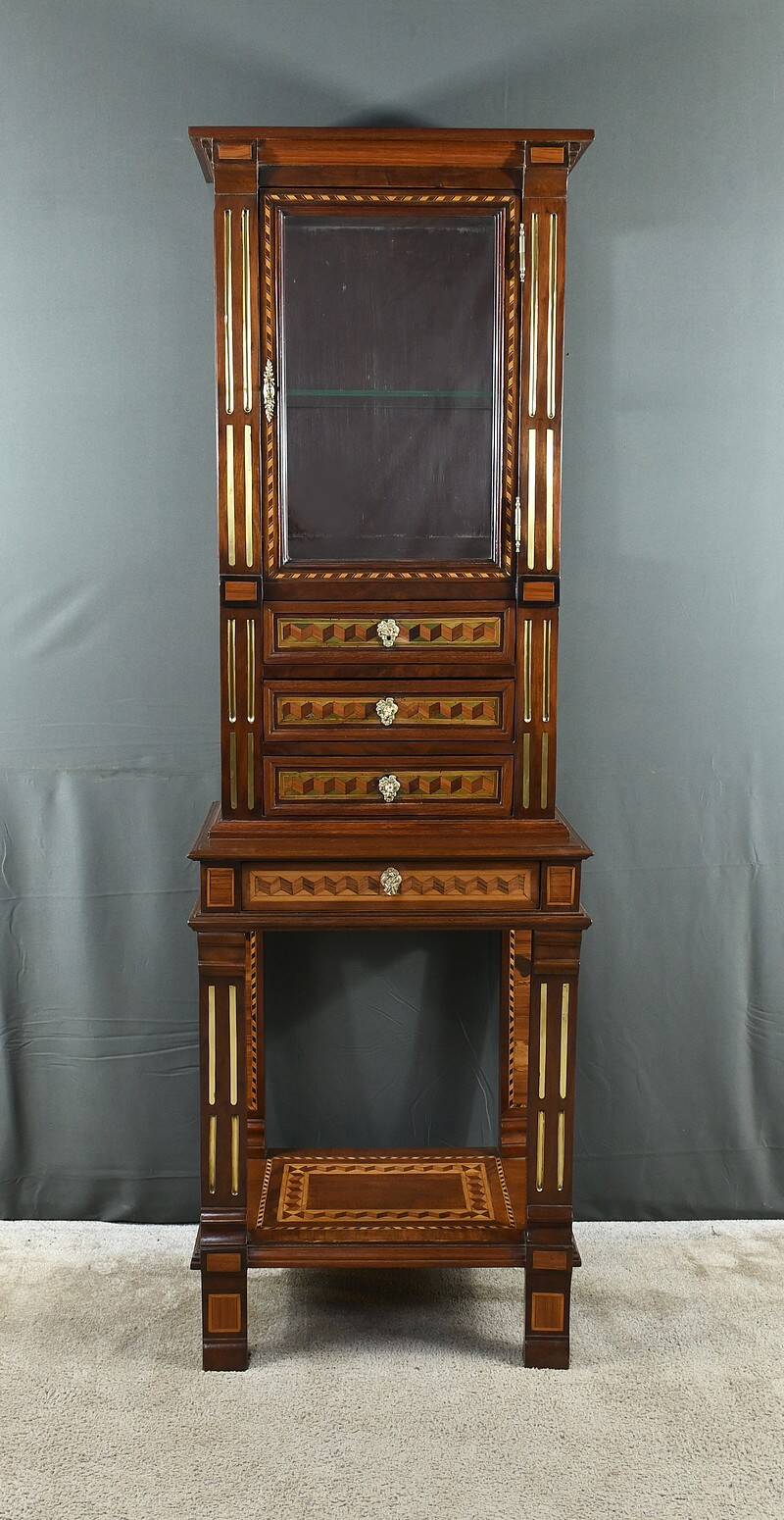 Rare small marquetry display cabinet, louis xvi style – mid 19th century