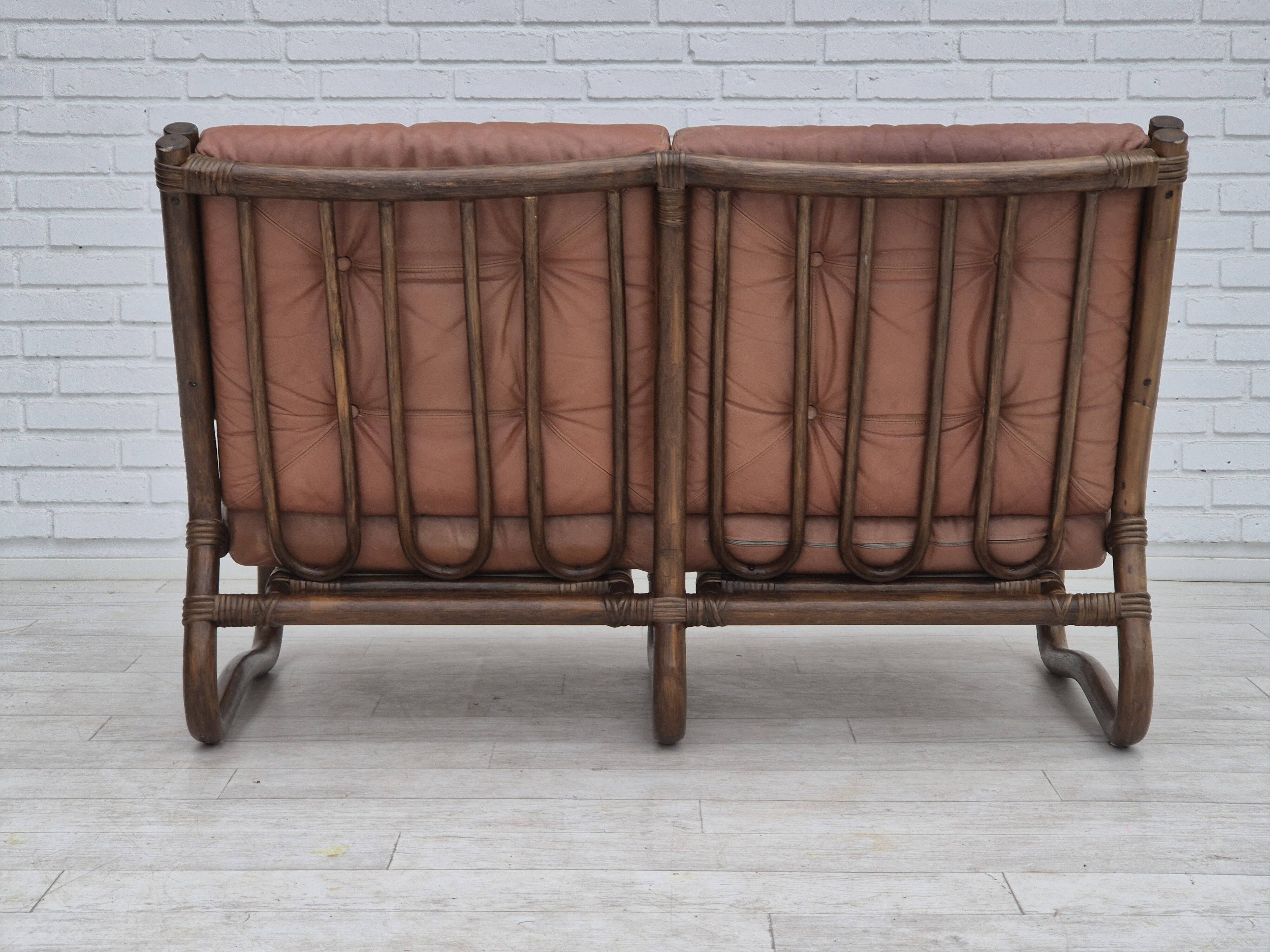 1970s, Scandinavian 2 seater sofa, original very good condition, bamboo, leather.