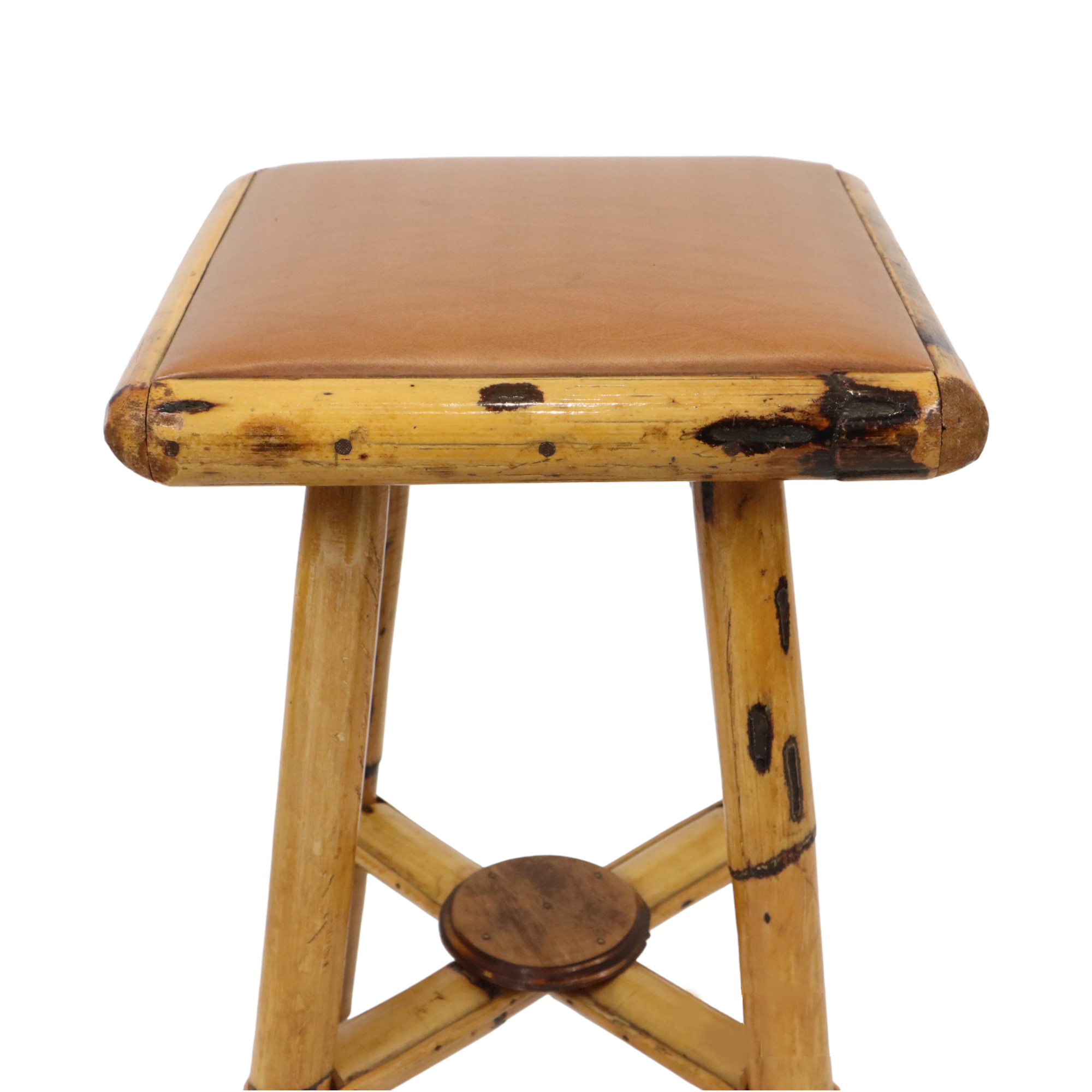 Vintage stool bamboo wood skai leather wooden tabuuret 49cm