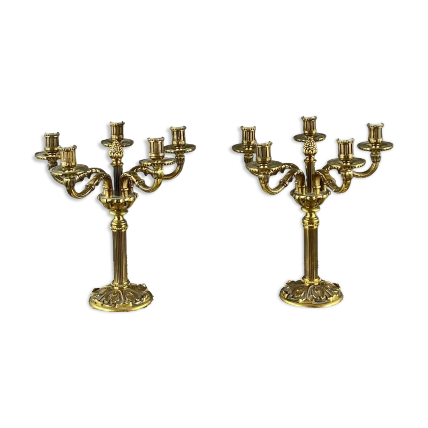Pair of gilded bronze candelabra with 5 lights, Louis XVI style, 20th century.