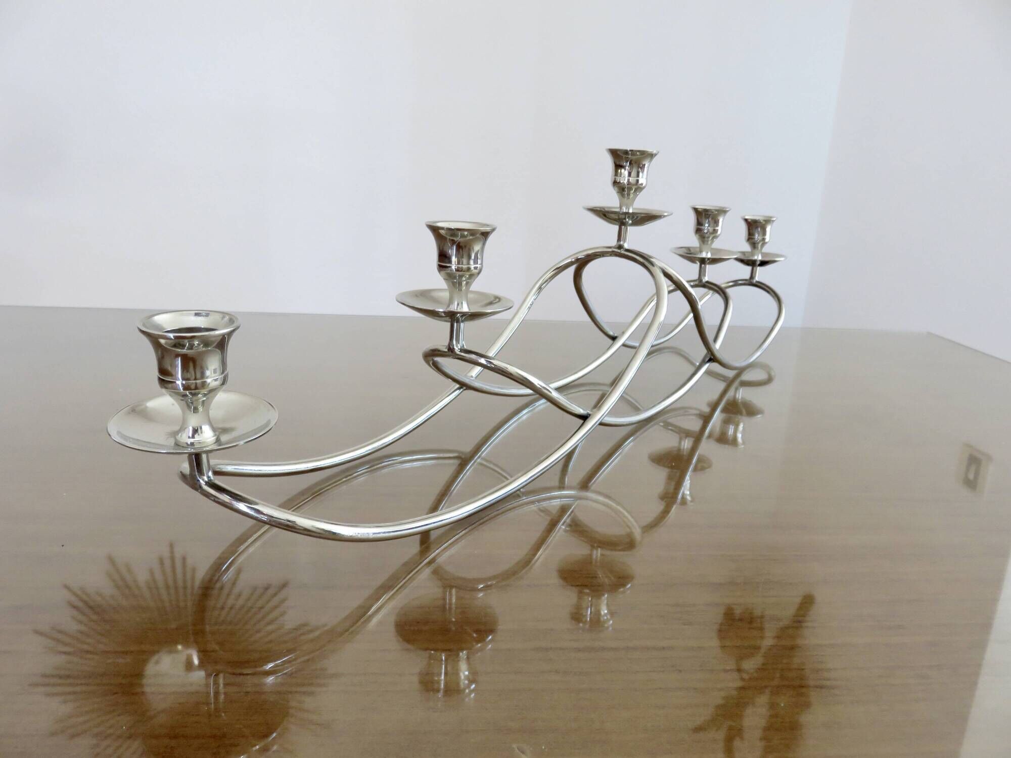 XXL silver metal candle holder 5 lights 70s