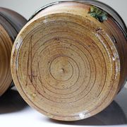 A pair of vintage stoneware pots from the 80s-90s with a Japanese style, signed handmade pottery.