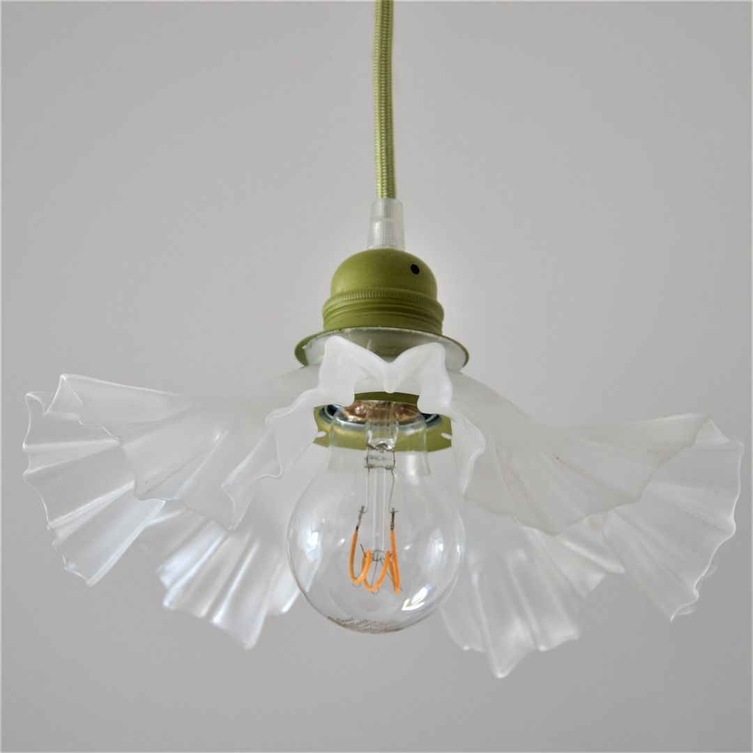 White pleated opaline pendant lamp – Electric mounting in green color