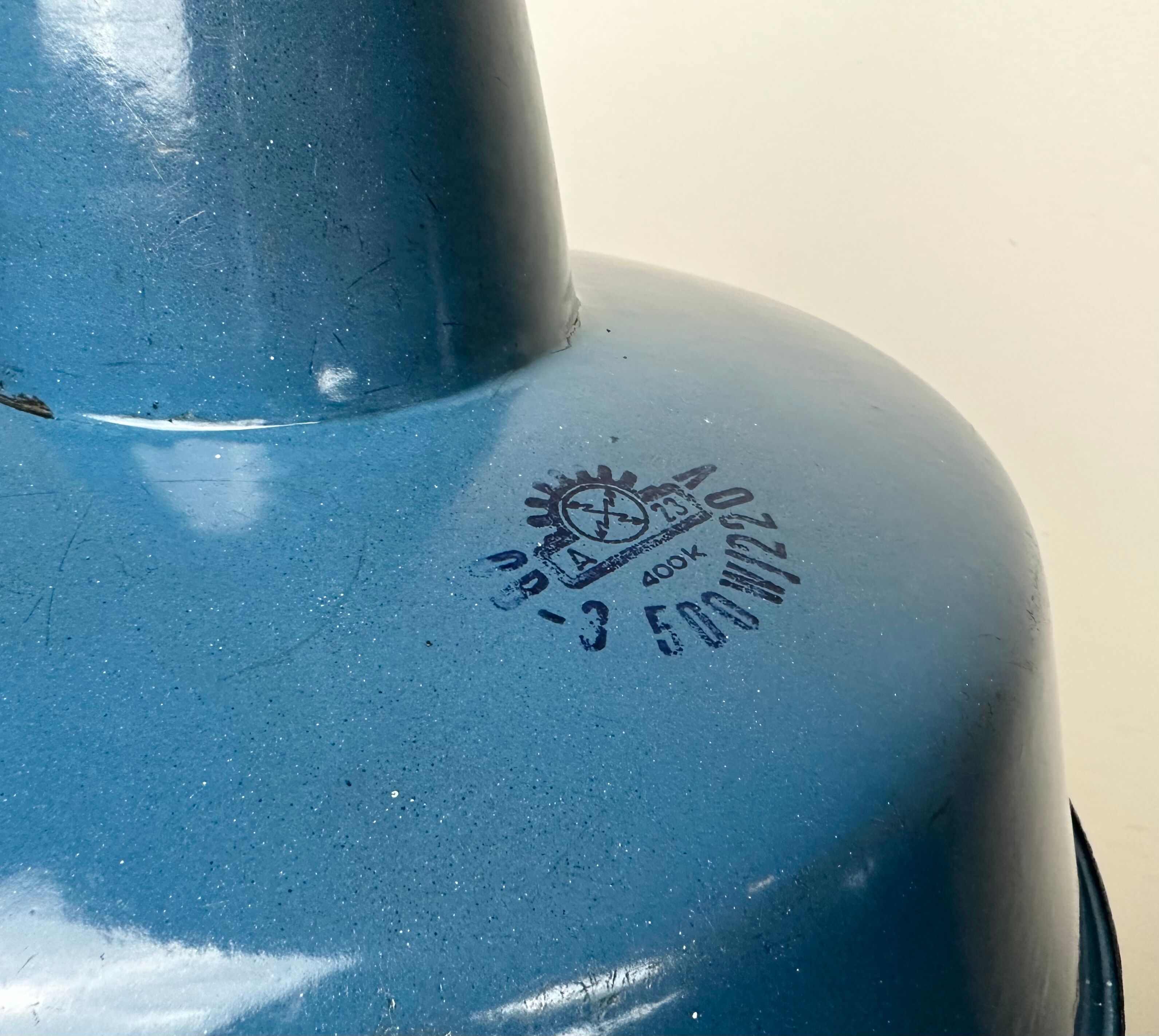 Industrial blue enamel factory lamp with cast iron top, 1960s