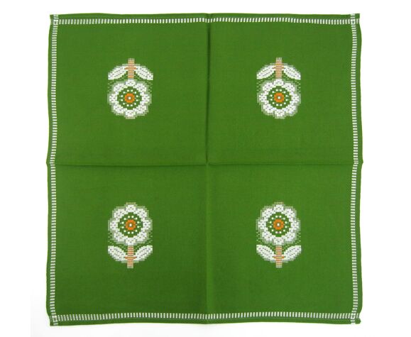 Lot 6 serviettes de table en Dralon vert - motifs fleurs blanches - vintage années 60