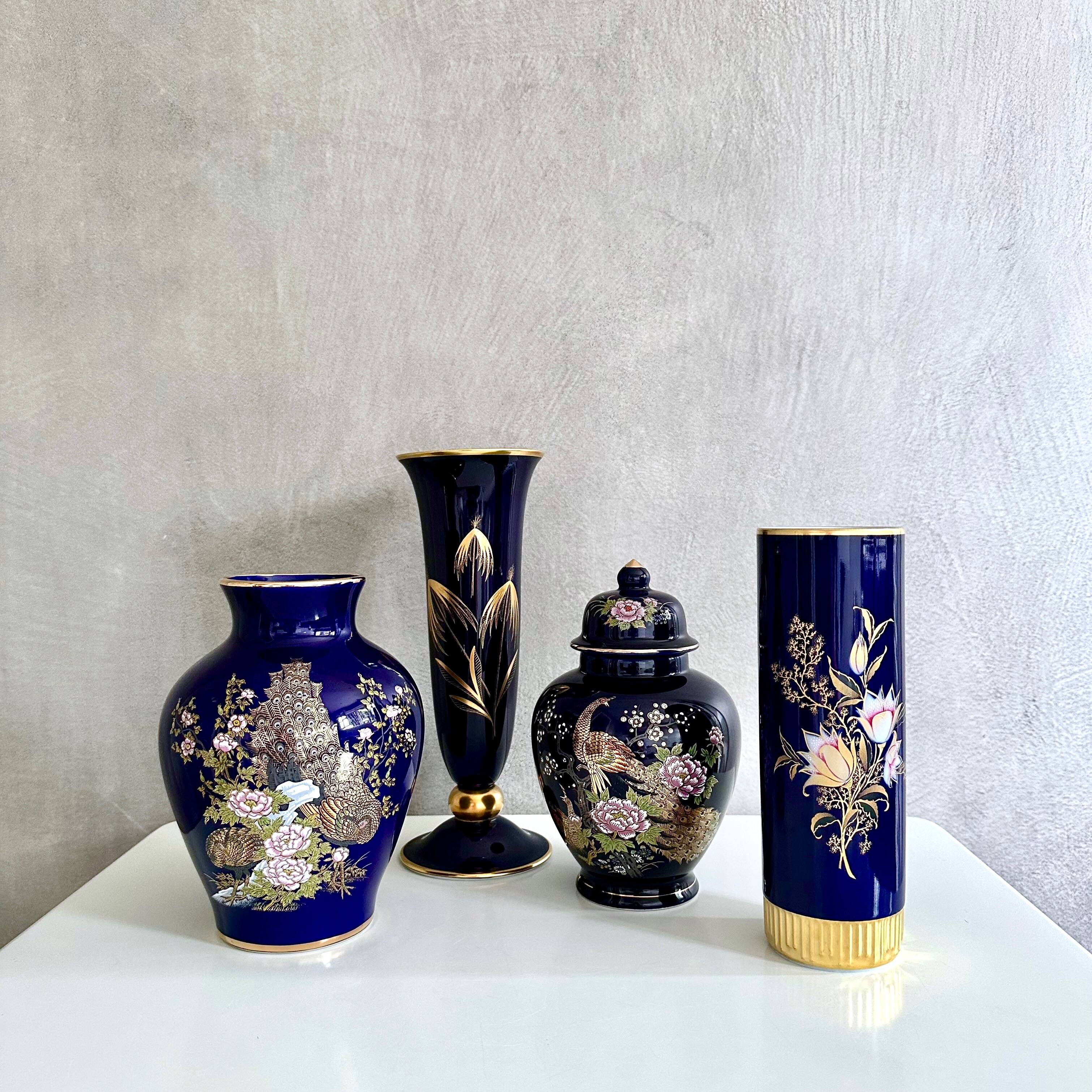 Cobalt blue vases collection, mid-century porcelain vases, vintage interior