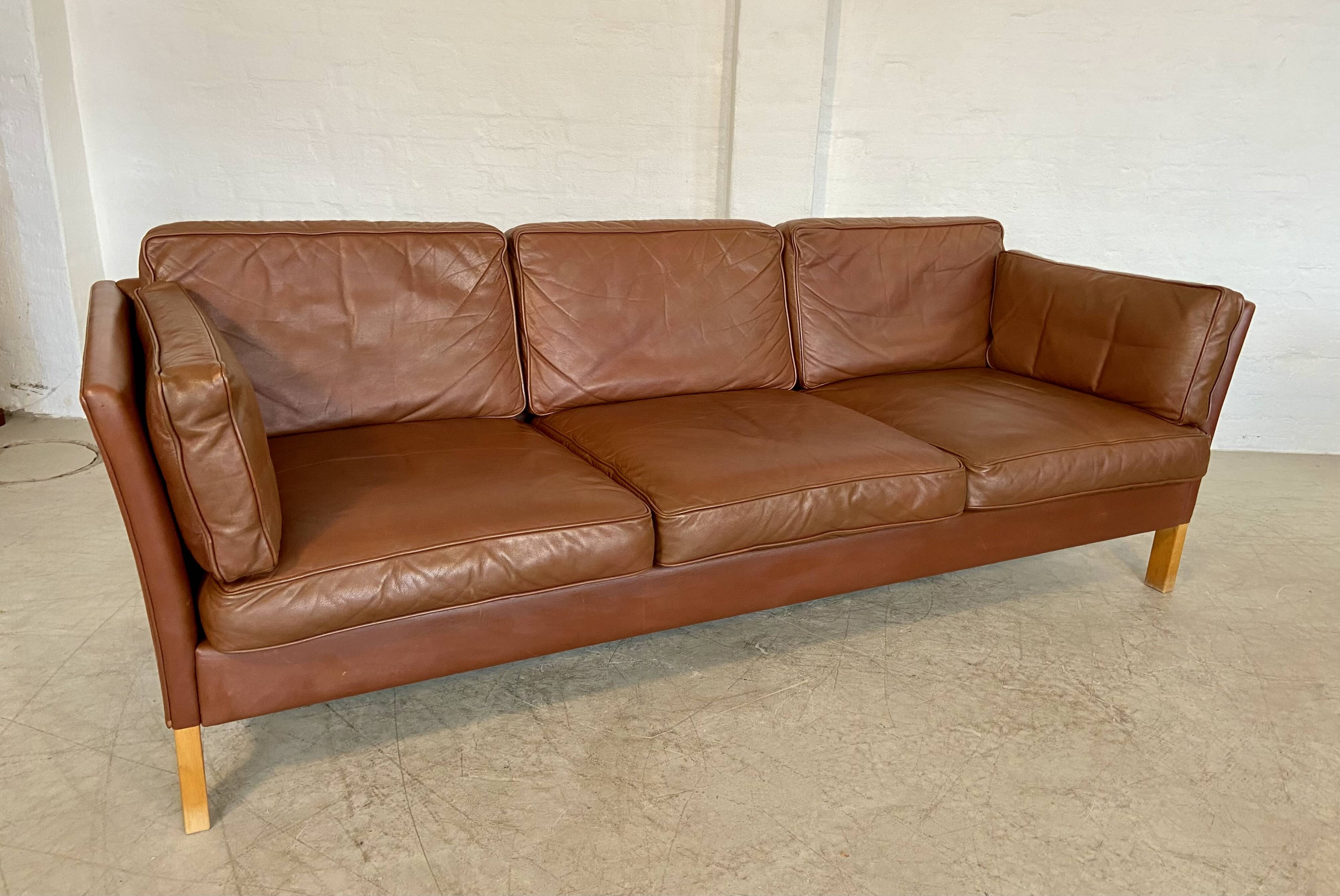 Vintage danish mid century mogens hansen 3 person cognac leather sofa 1960,s
