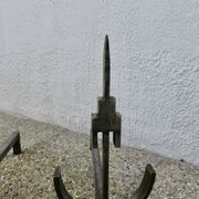 Pair of modernist andirons in forged and hammered steel, French work