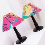 Pair of Memphis Pop Art Table Lamps, Multicolored Fabric Shades, Black Lacquered Bases - Belgian Massive, 1980s