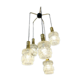 Lustre cascade à 5 feux, verre et laiton, années 60