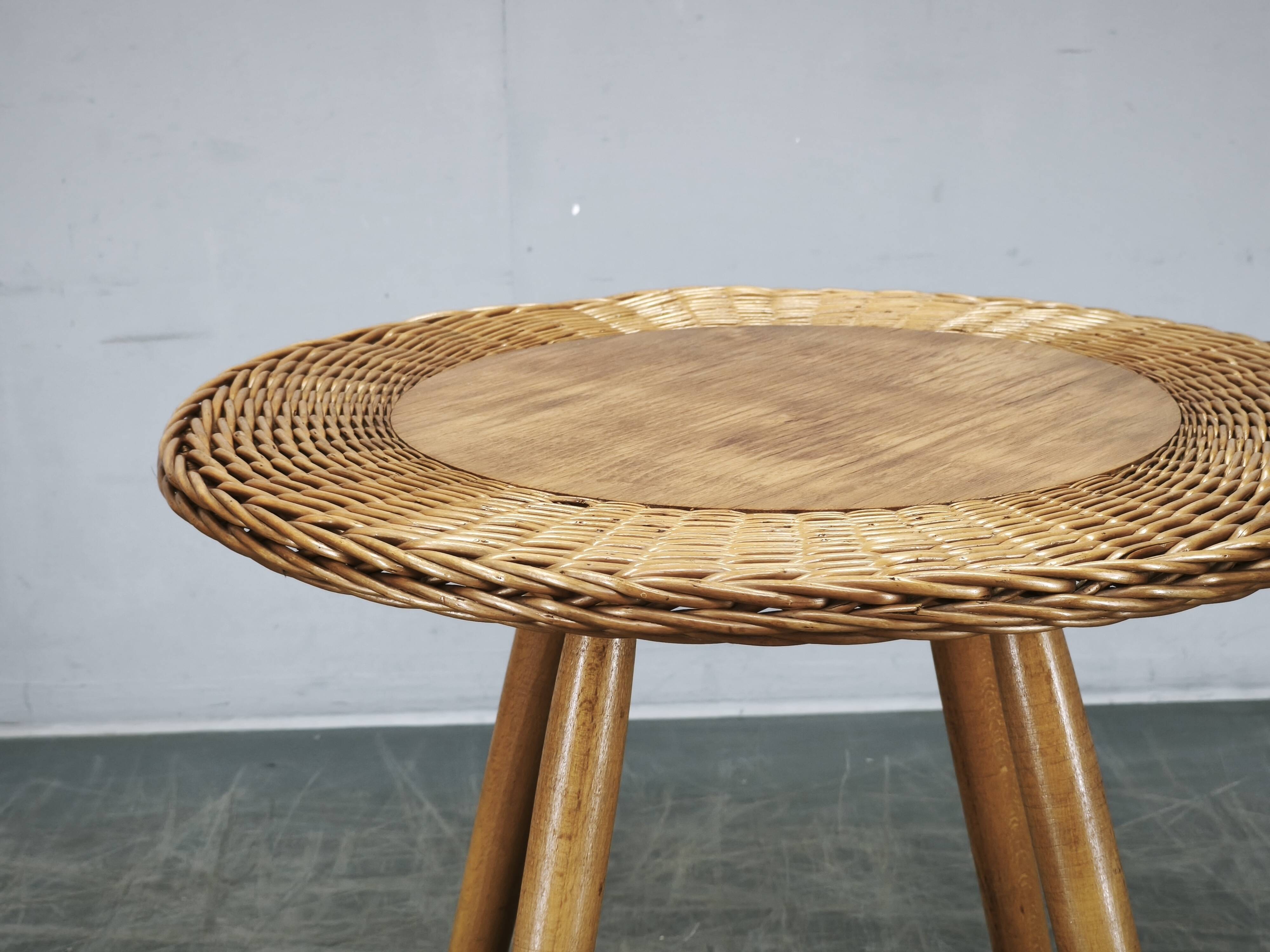 Jan Kalous Rattan and Beech Side Table, Czechoslovakia, 1970s