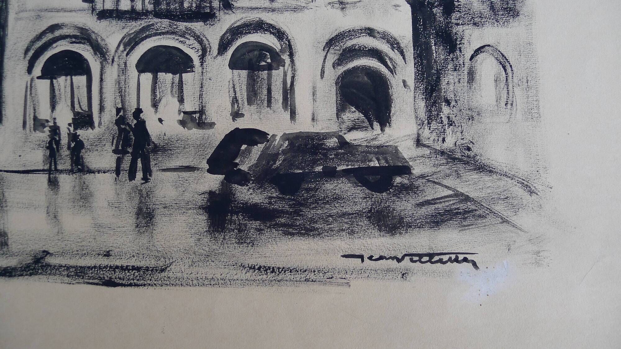 Strasbourg, original Indian ink wash drawing by Jean Villette (1913-2005)