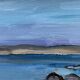 Peinture à l'huile vintage des modernistes suédois Paysage marin bleu par GB Milieu du 20e siècle
