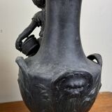 François Moreau: Pair of vases with Napoleon III period characters in regula with bronze patina