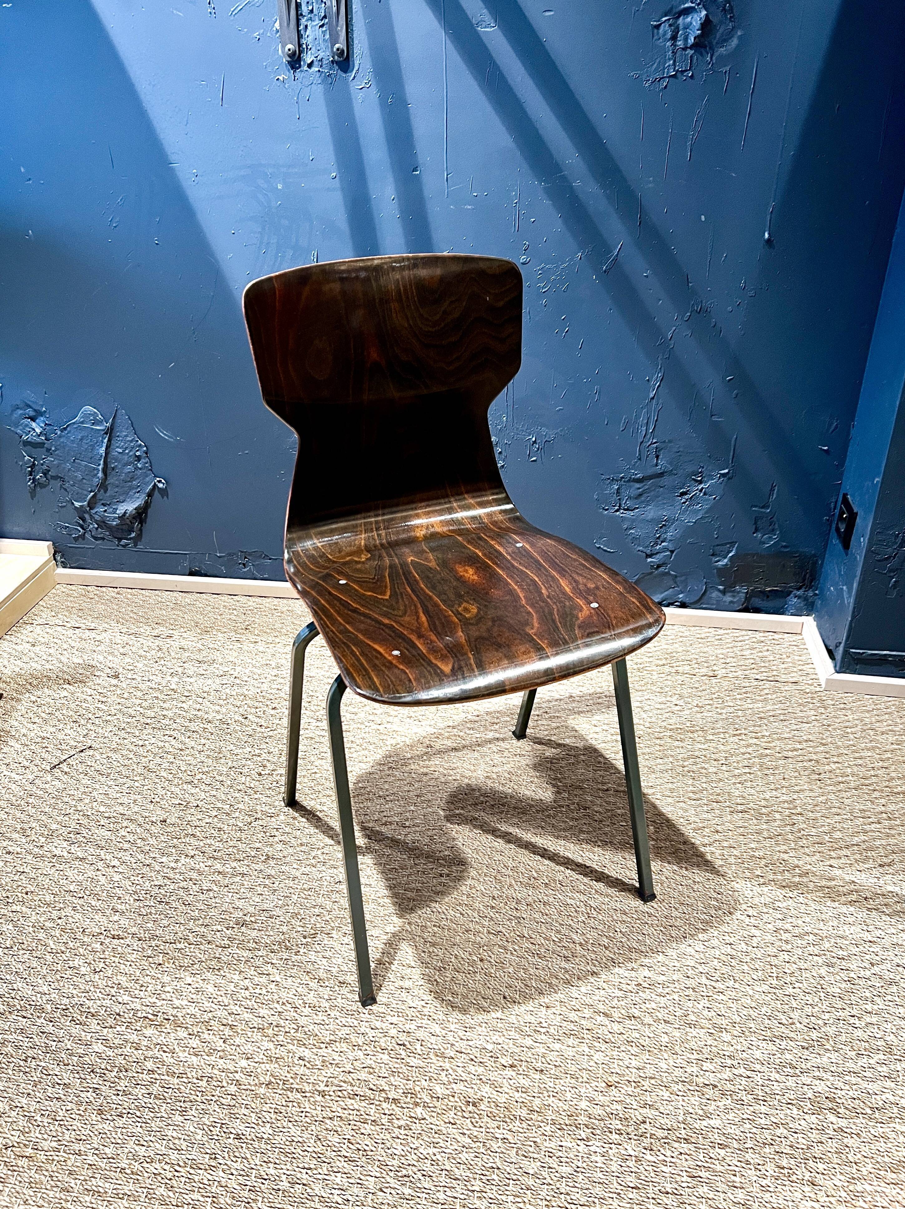 Set of 8 wenge wood chairs and gray green steel