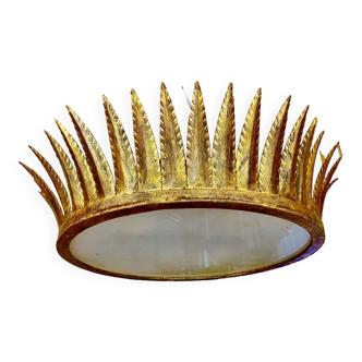 Large gold crown pendant light, period 1950