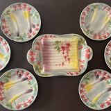 Asparagus service: dish and 6 Saint Clément France barbotine plates