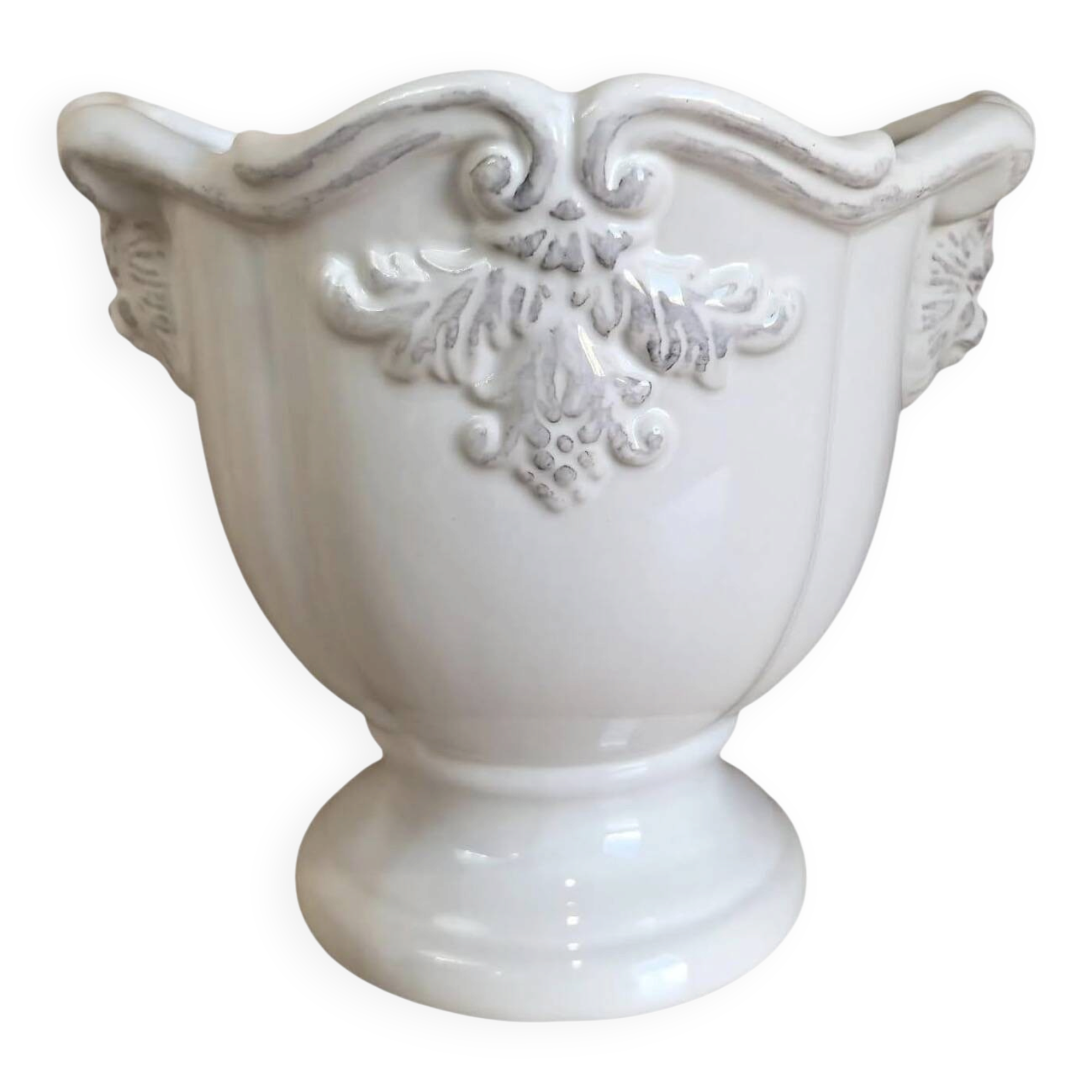 White glazed ceramic urn vase — baroque relief decor — Gustavian / sha