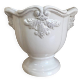 White glazed ceramic urn vase — baroque relief decor — Gustavian / sha