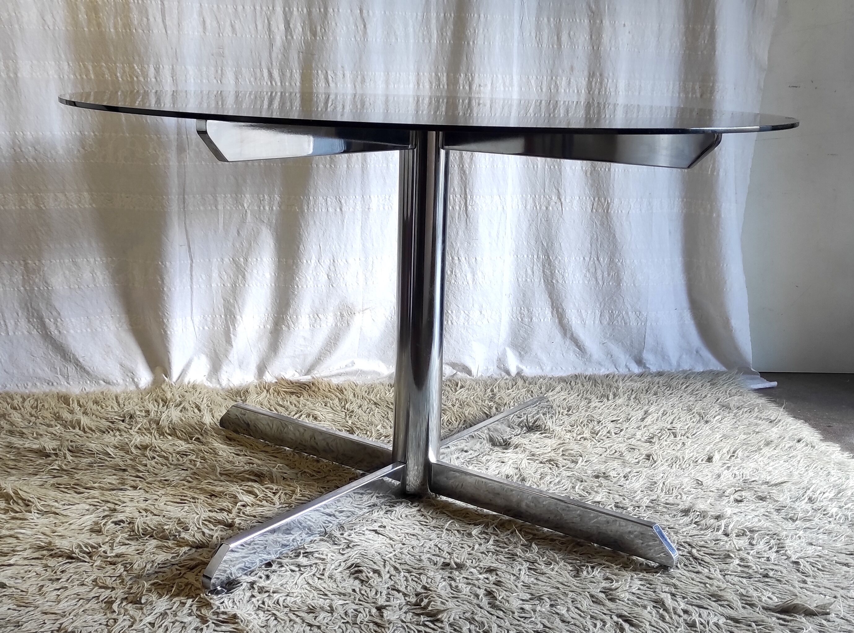 Roche Bobois dining table design chromed metal and smoked glass – 70s