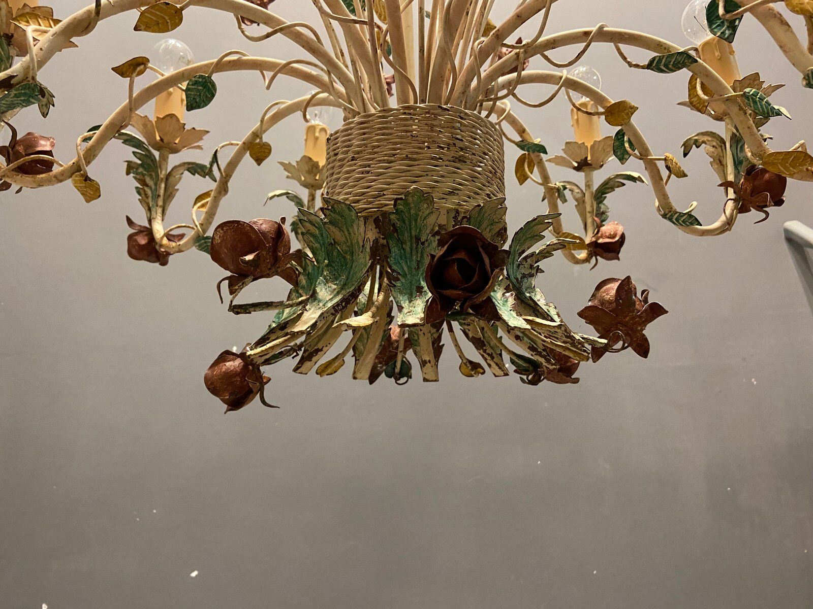 Large Vintage Italian Tole Flower Chandelier with 12 Lights