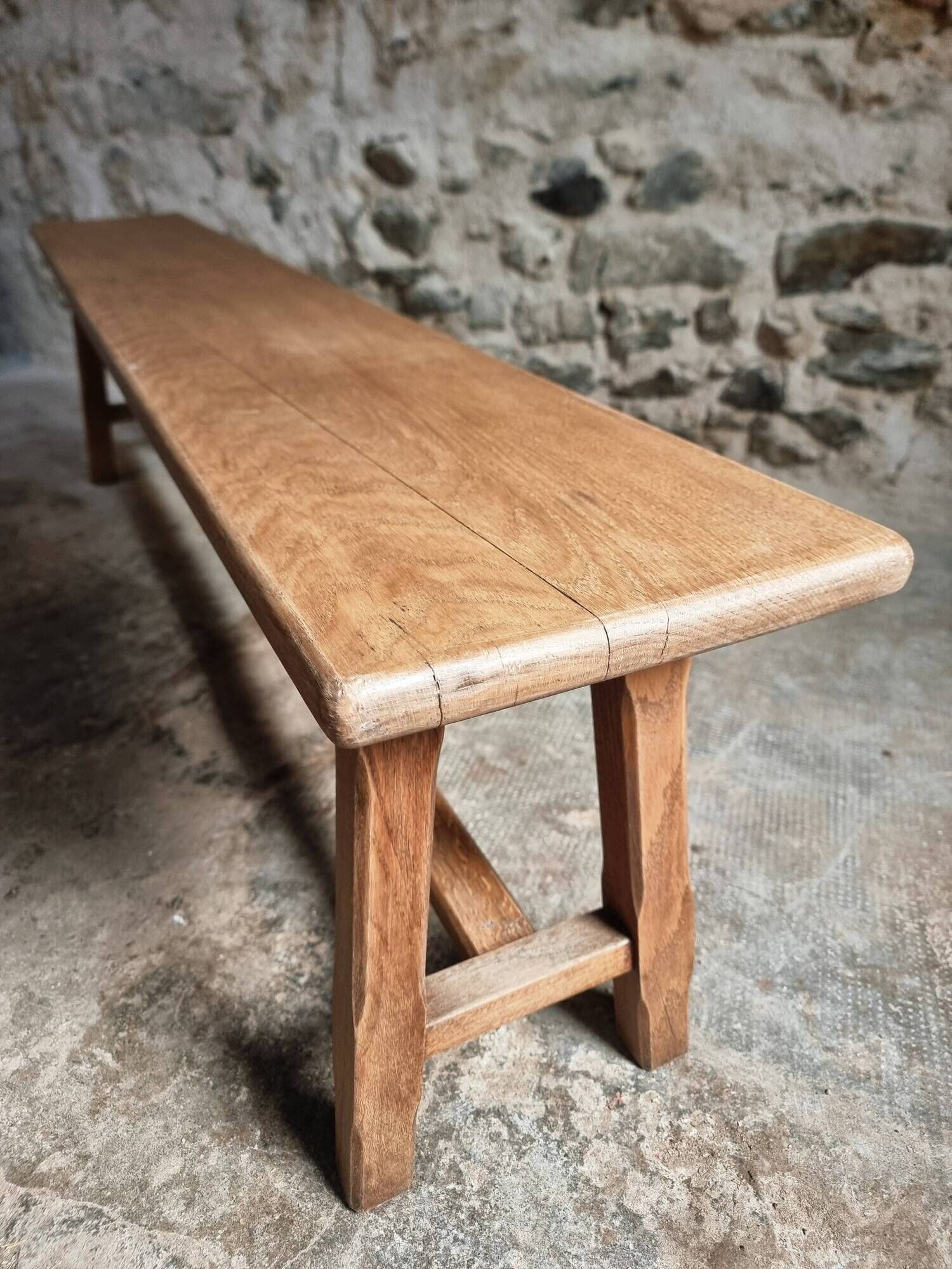 Vintage oak bench, solid wood dining bench, rustic farmhouse bench, French country style, circa 1950–1965.