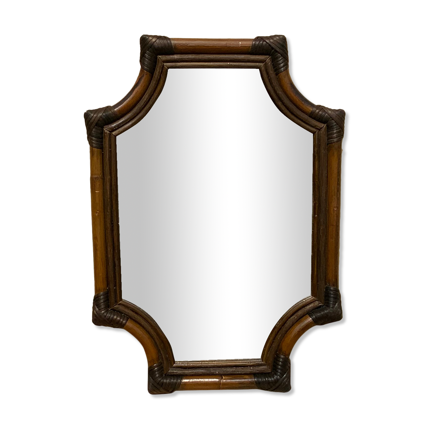 Large format retro decorative vintage wicker and rattan wood mirror