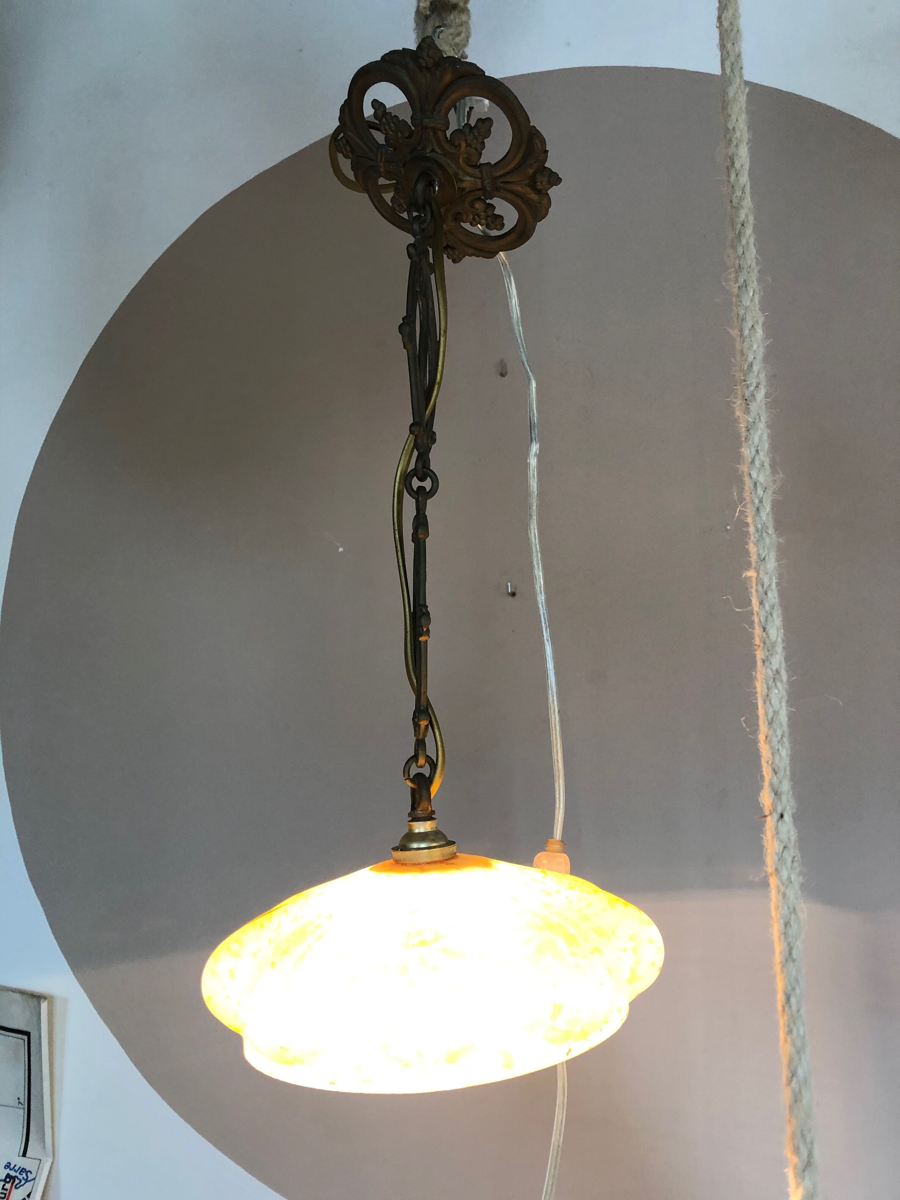 Orange ochre coloured antique glass hanging lamp