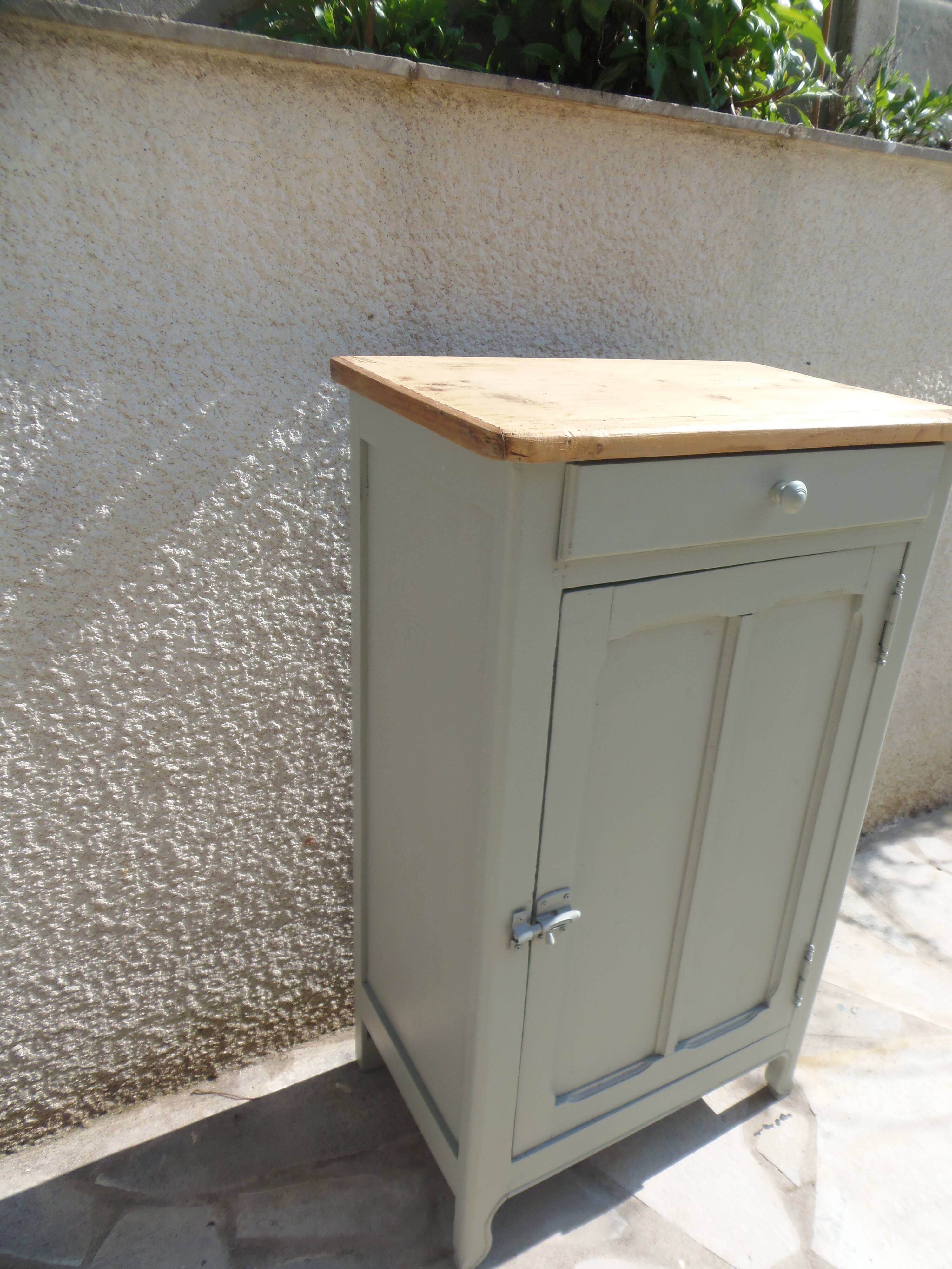 Vintage Parisian cupboard with 1 door, 1 drawer, reimagined in grey-green.